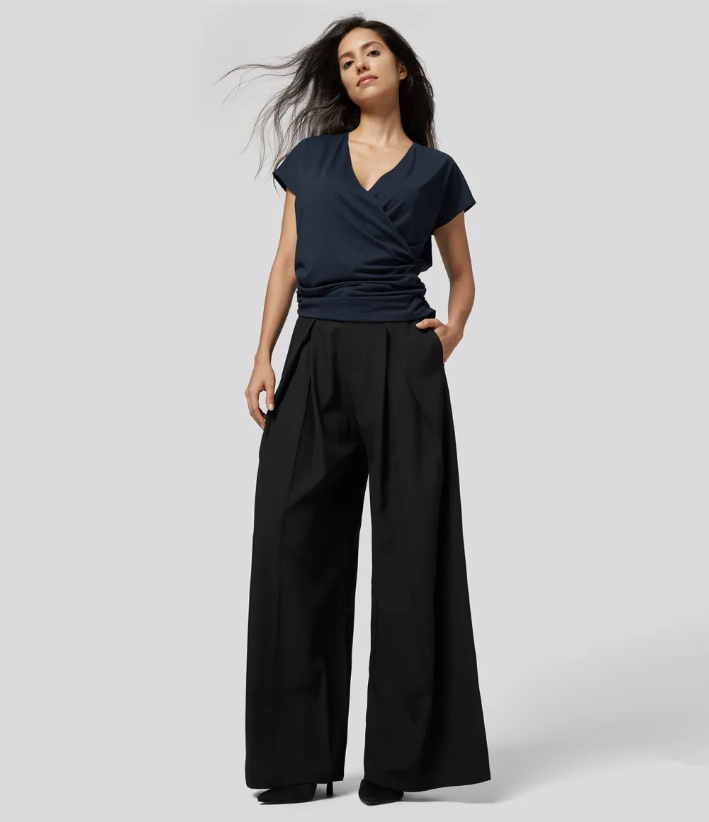 V Neck Cap Sleeve Crossover Ruched Solid Work Blouse