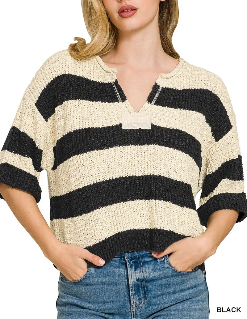 Striped Split Neck Knit Sweater