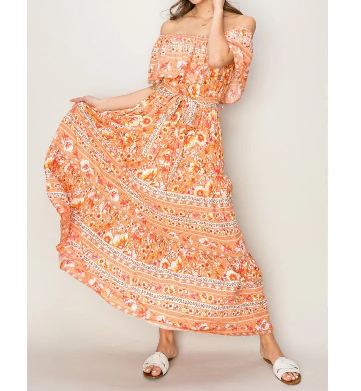 Floral Off Shoulder Tie Front Maxi Dress