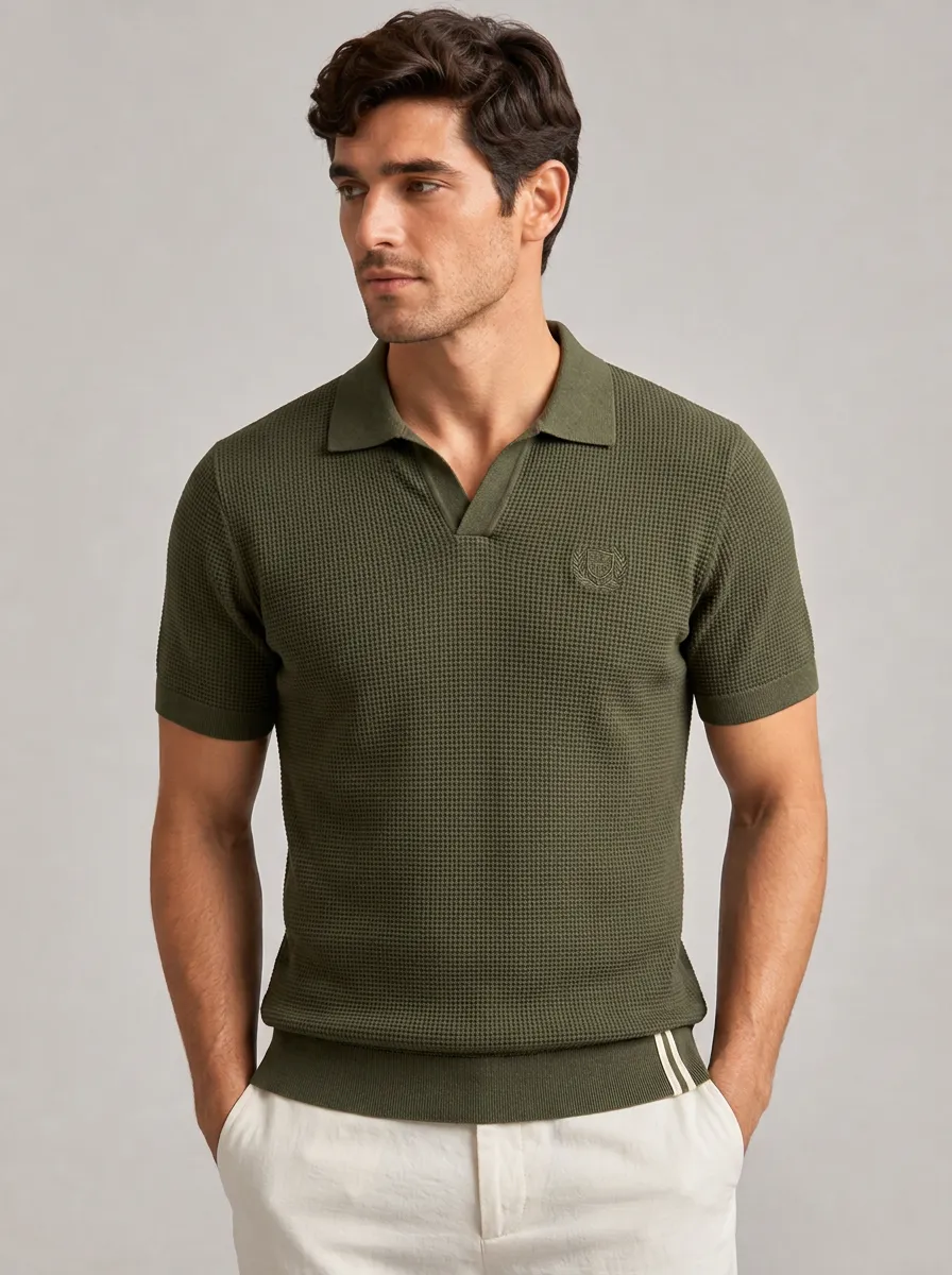 Men's Equestrian Lover Crest Embroidered Waffle Knit Polo Shirt