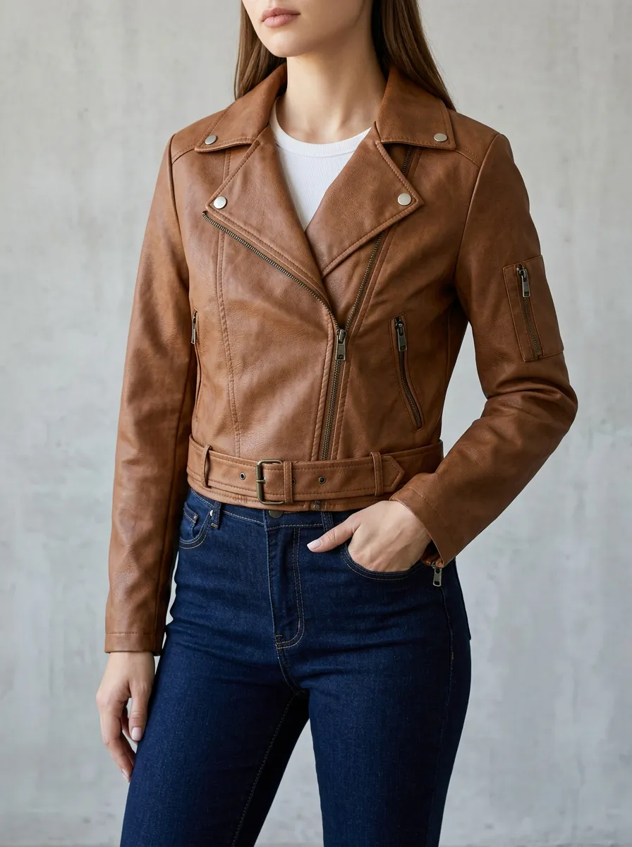 Women's Brown Faux Leather Biker Belted Moto Jacket with Zip Pockets