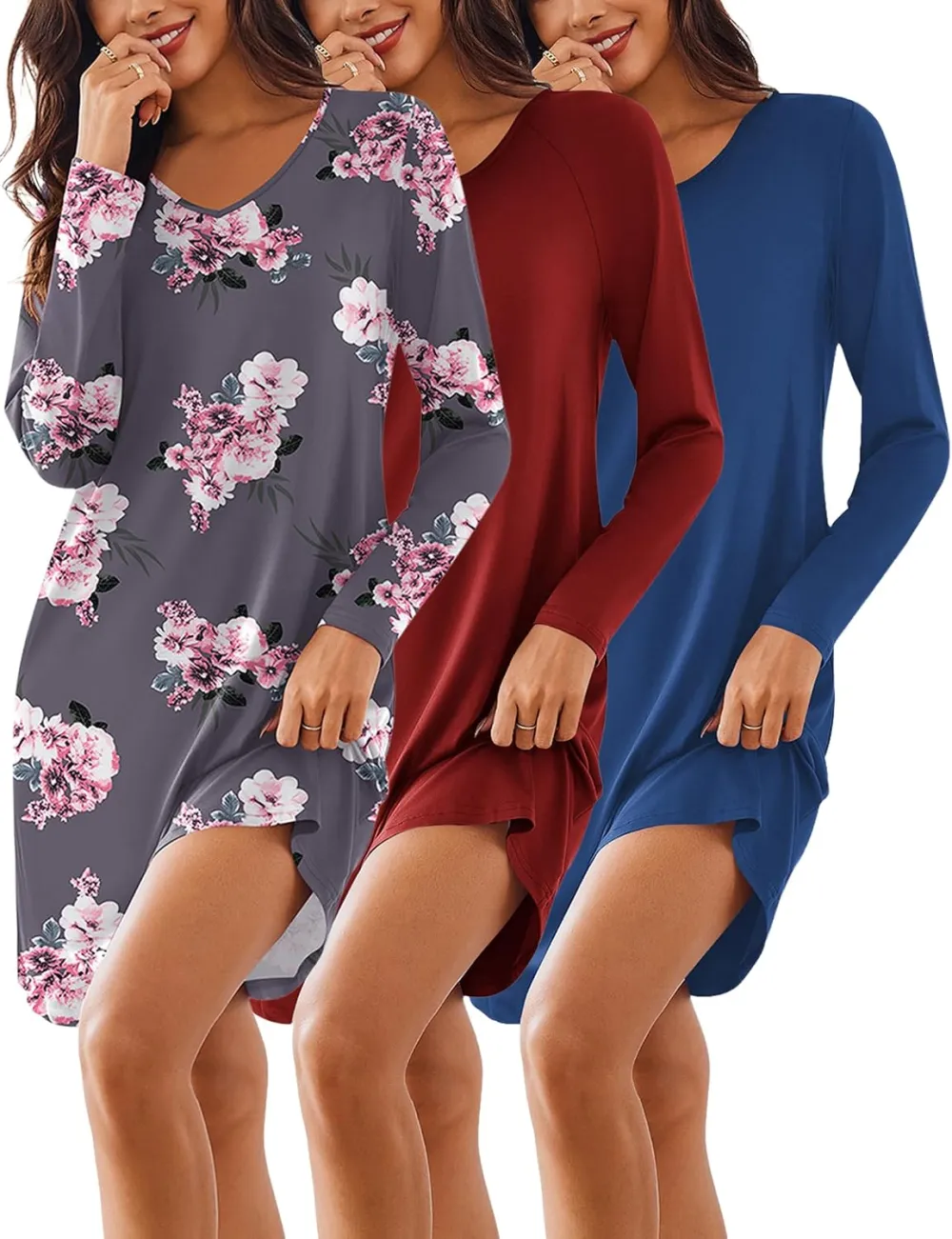 Ekouaer 3 Pack Long Sleeve Nightgowns for Women Casual Sleepwear Nightshirt