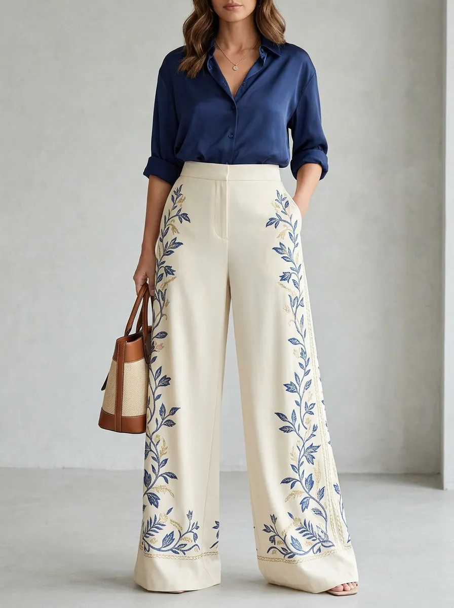 Women's Floral Vine Pattern Patterned High-Waisted Wide-Leg Trousers