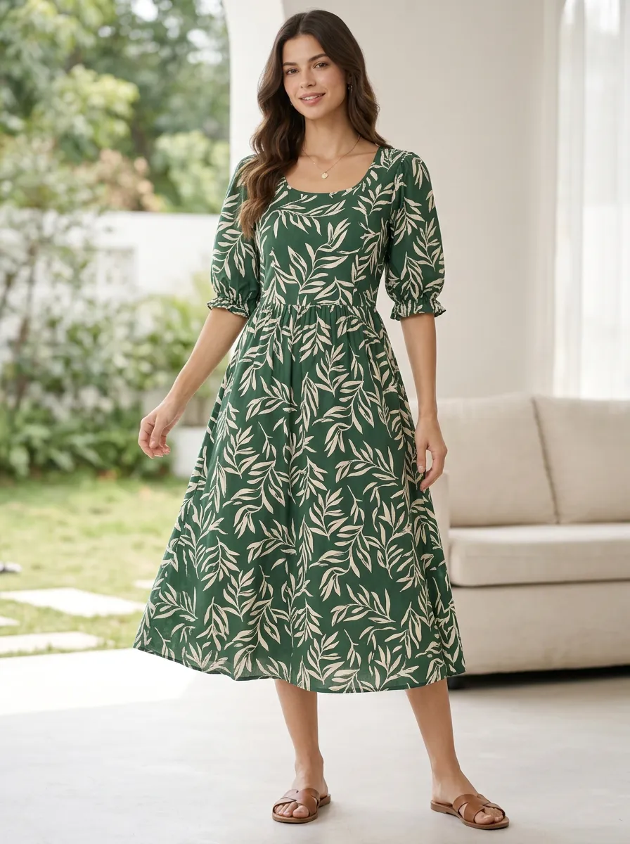 Women's Botanical Leaf Art Inspired Printed Dress