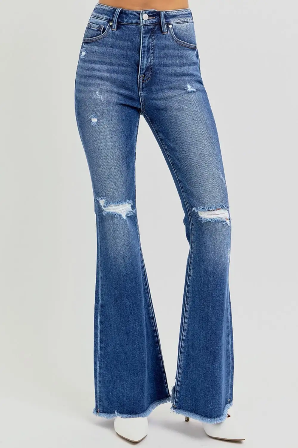 High Rise Distressed Raw Hem Flared Denim Jeans