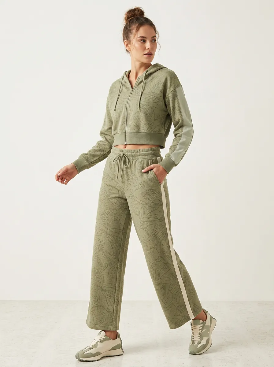 Women's Olive Green Tropical Leaf Printed Zip-up Hoodie Jogger Set