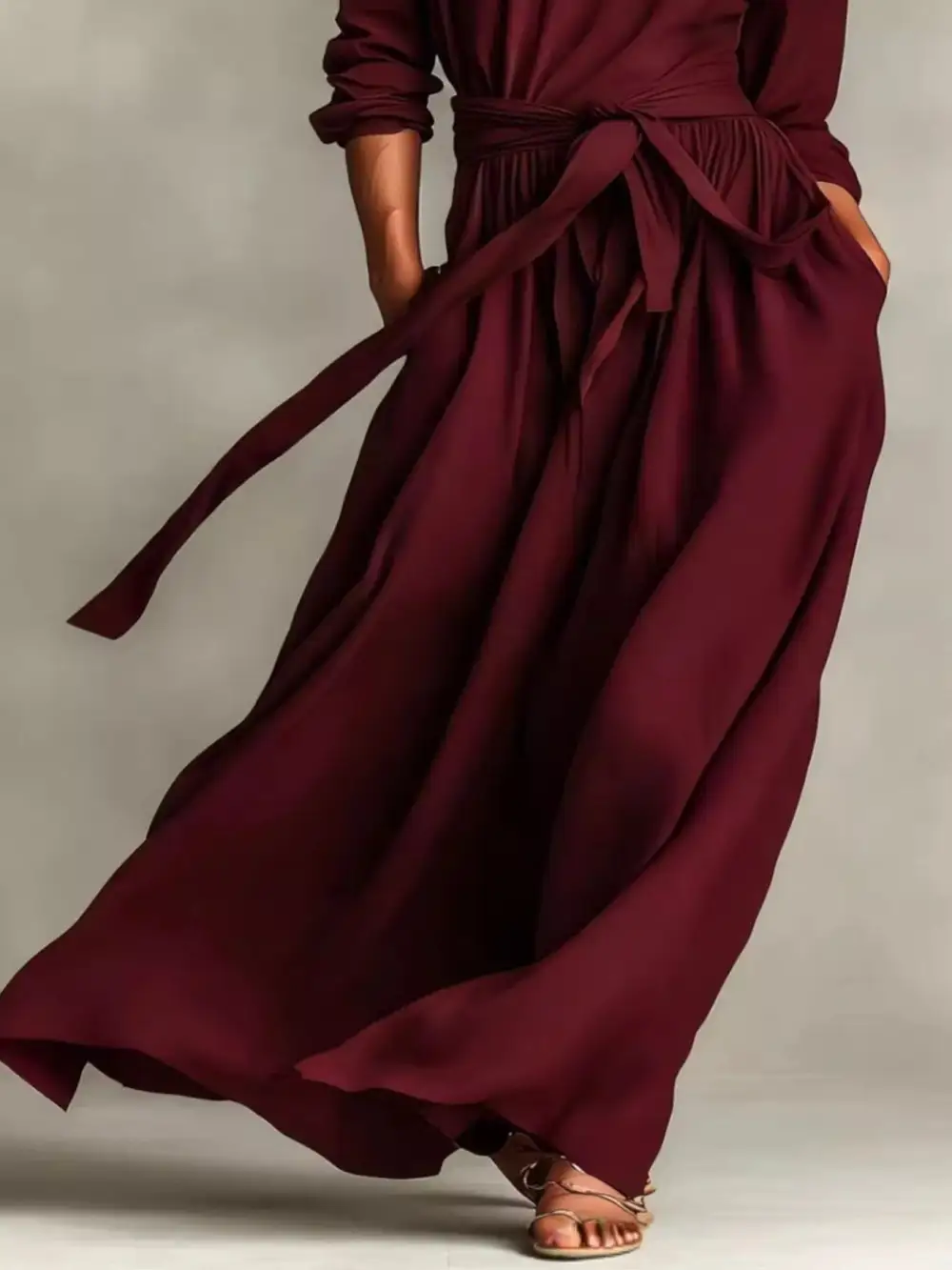 Relaxed Shape Tie Waist Long Sleeve Maxi Dress