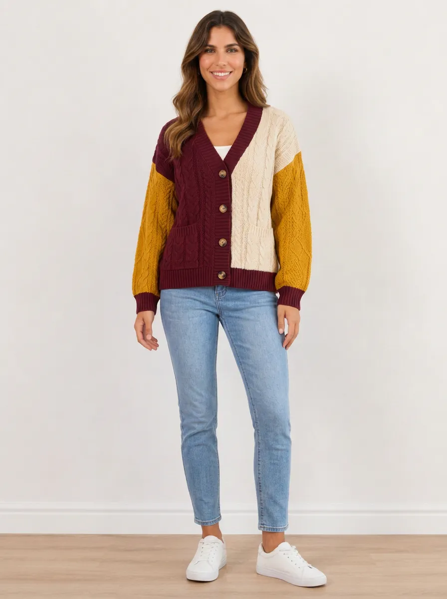 Women's Colorblock Cable Knit Cardigan Cable-Knit