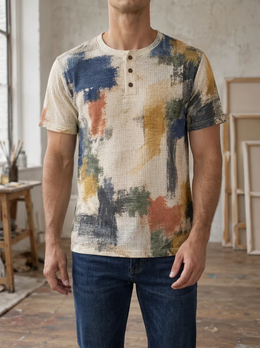 Men's Everyday Abstract Paint Stroke Waffle Knit Henley T-Shirt