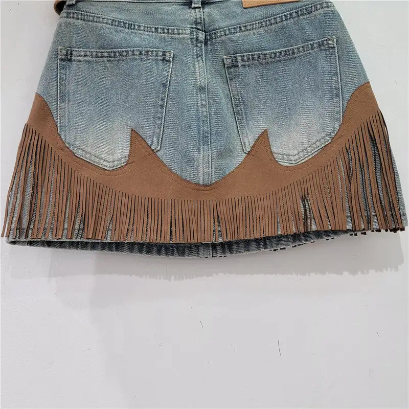 Casual Denim Tasseled Skirt