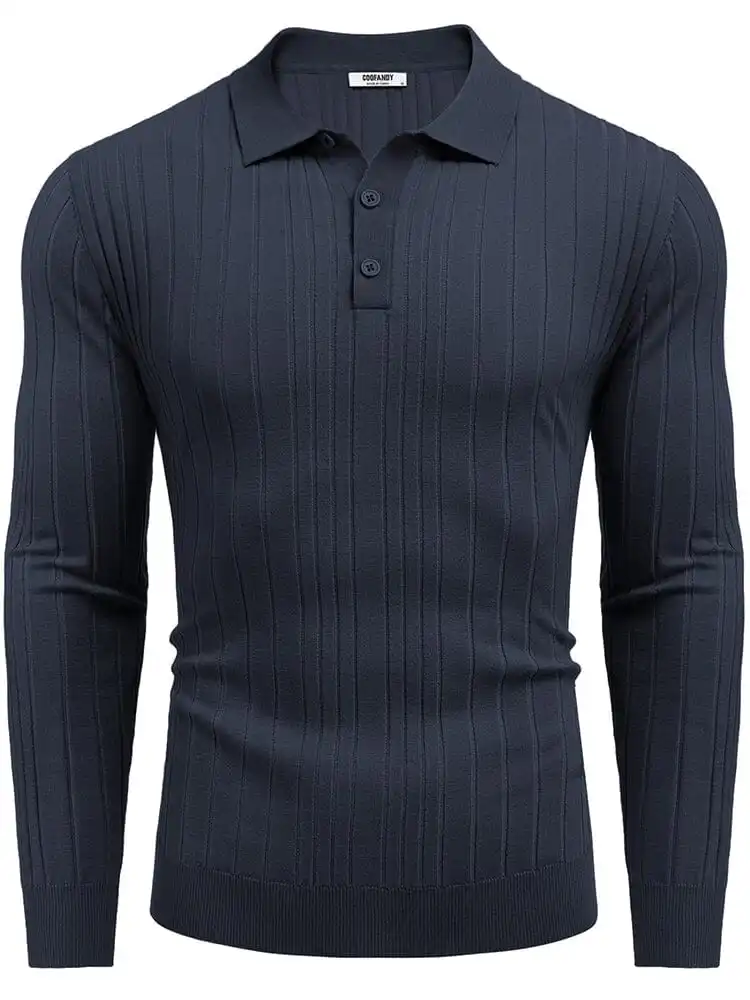 Versatile Ribbed Knit Polo Shirts Sweater