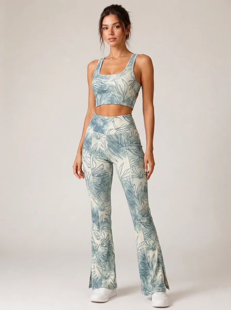 Women's Yoga Fitness Blue Botanical Tie-Dye Printed Ribbed Set
