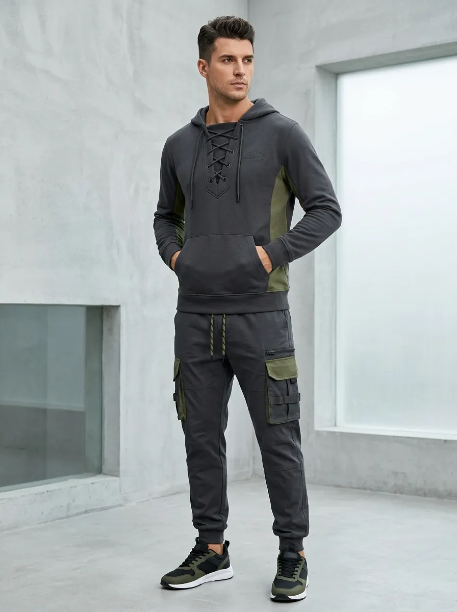Urban Lace-Up Multi Pocket Street Look Men's Lace Up Hoodie And Cargo Jogger Set