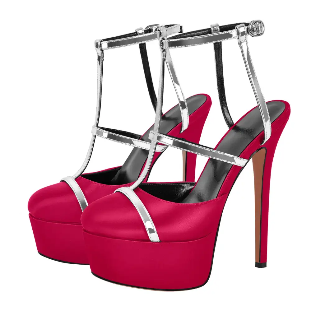 Modern Round Toe Platform Stiletto Ankle Strap Pumps