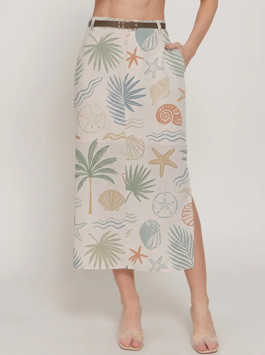 Women's Coastal Tropical Seashell Starfish Printed Midi Skirt