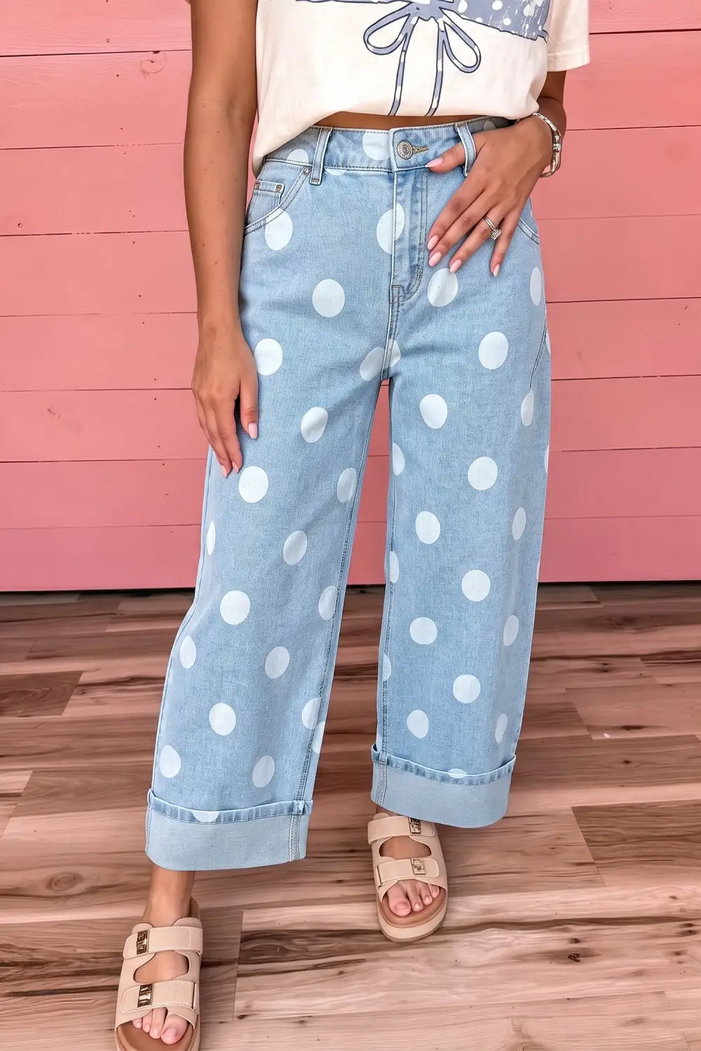 Women's Casual Ankle Length Jeans With Polka Dot Print And Metal Buttons
