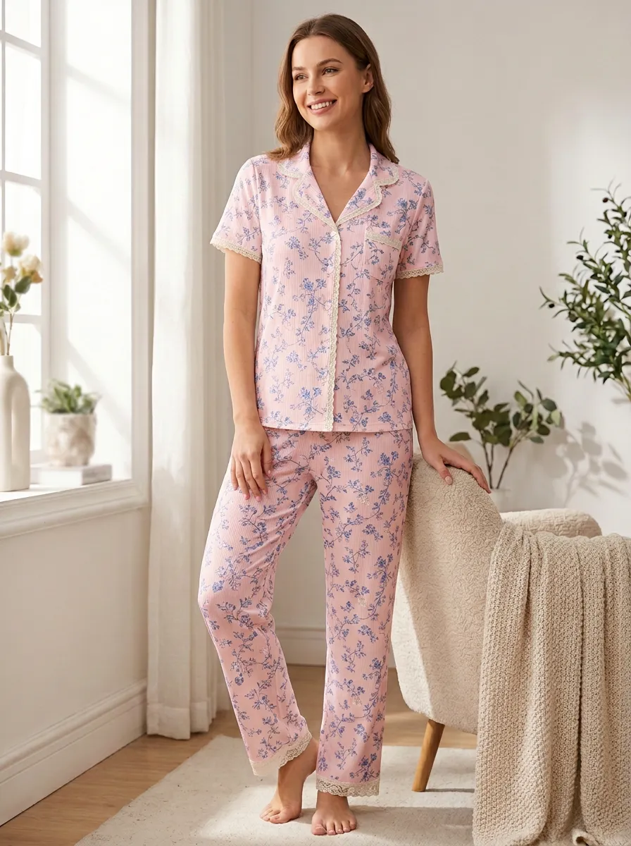 Women's Floral Pattern Lace Trim Printed Pajama Set