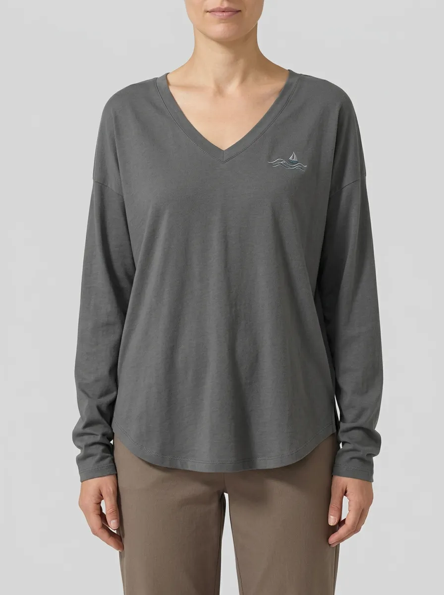 Women's Dropped-Shoulder V-Neck Long-Sleeve T-Shirt with Sailboat Embroidery