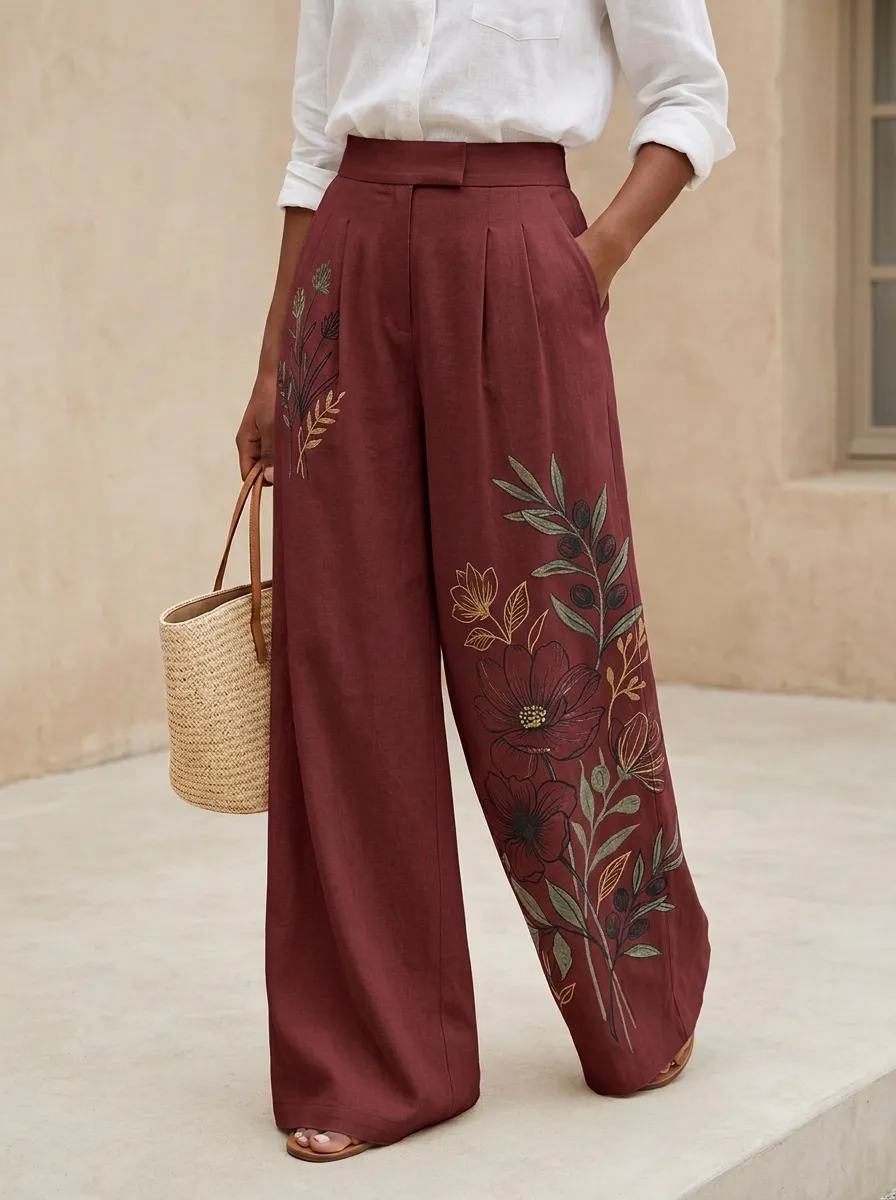 Women's Botanical Olive Branch Floral Patterned High-Waisted Wide-Leg Pants