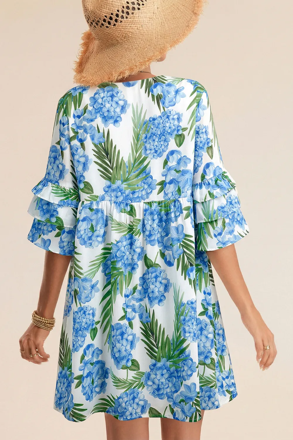 Blue Floral Ribbon Ruffle Dress