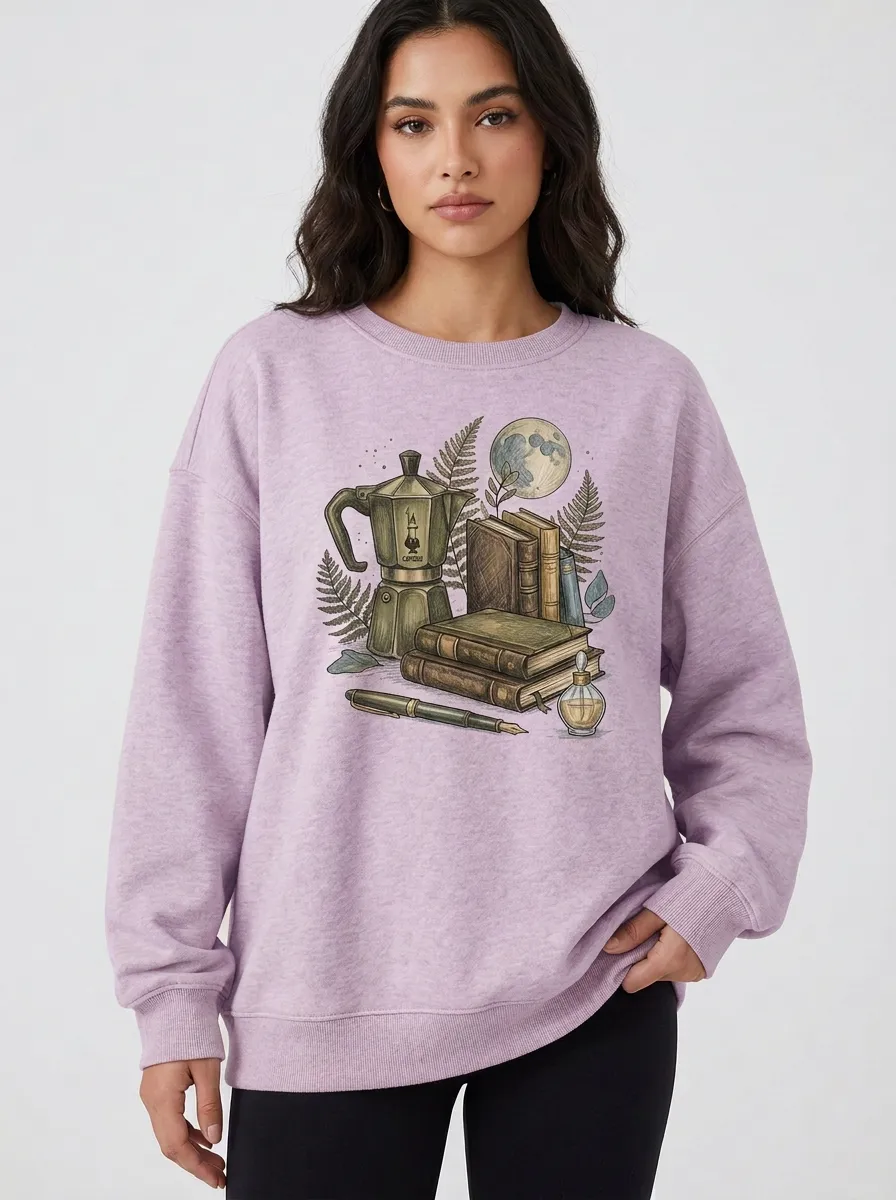 Women's Book Coffee Fern Moon Graphic Sweatshirt