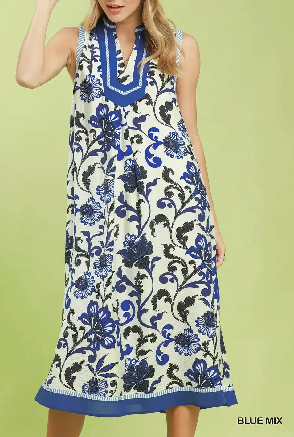 Floral Print Sleeveless Pocketed Midi Dress