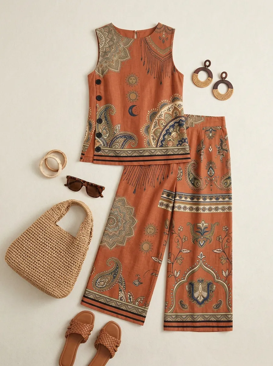 Women's Boho Sun Moon Paisley Printed Sleeveless Set