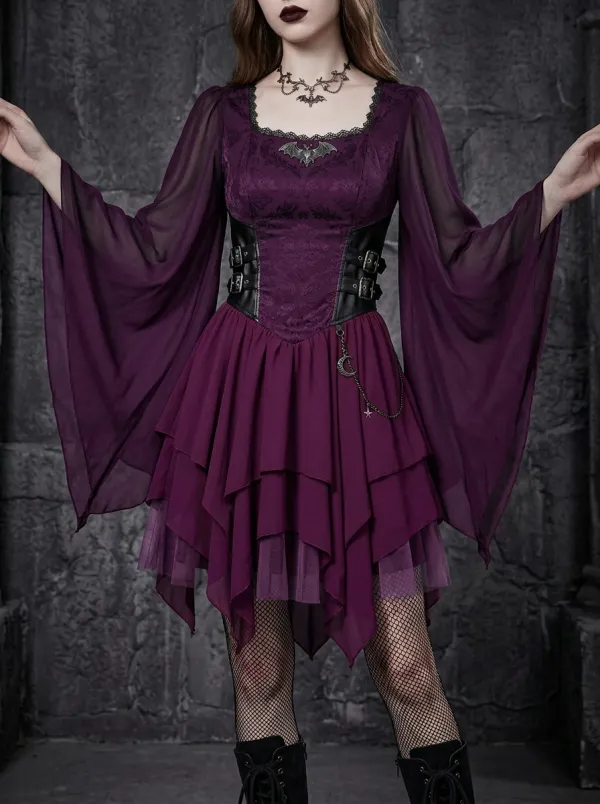 Women's Gothic Bat Moon Charm Layered Chiffon Mini Dress