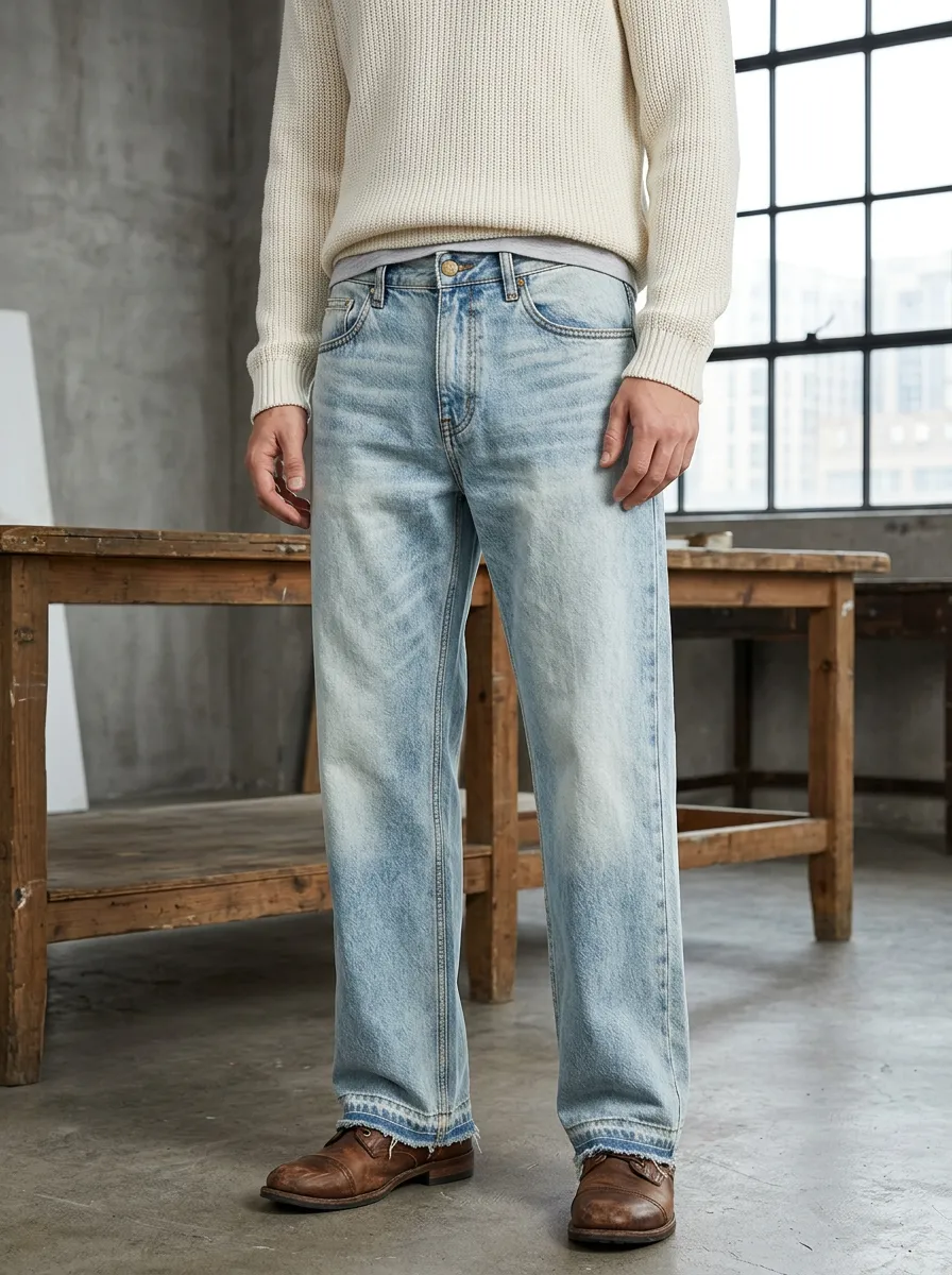 Men's Frayed Hem Five Pocket Classic Jeans