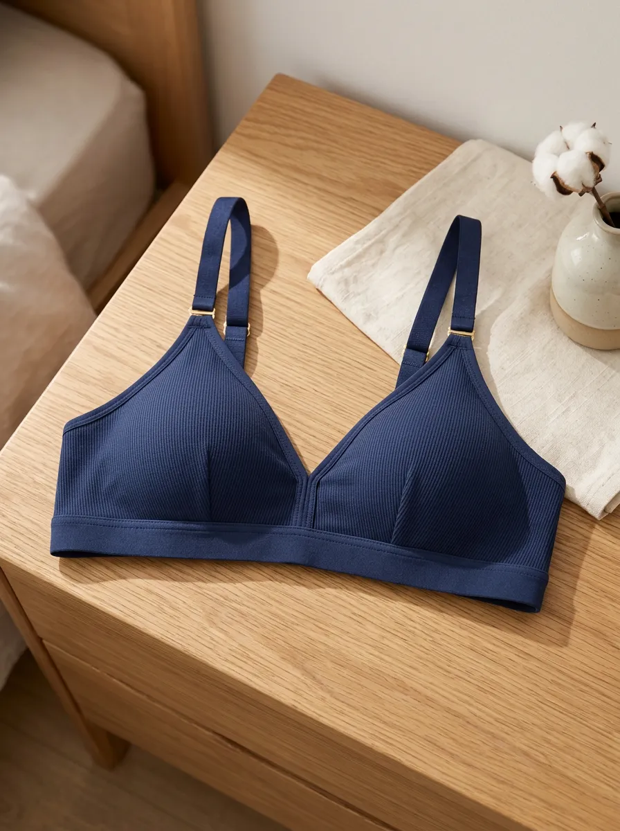 Women's Navy Blue Ribbed Wireless Bralette