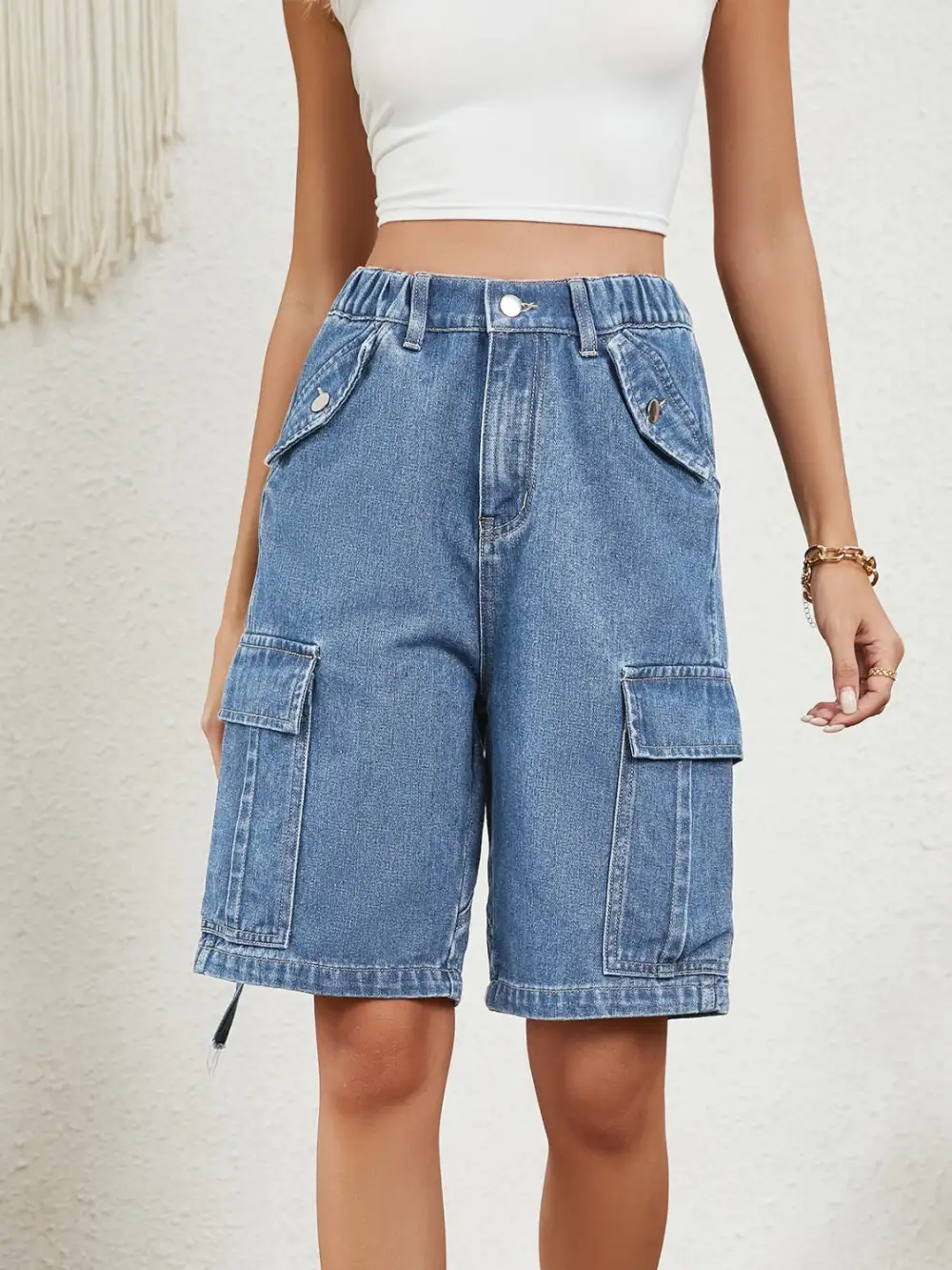 Tailored High Waist Denim Shorts with Pockets