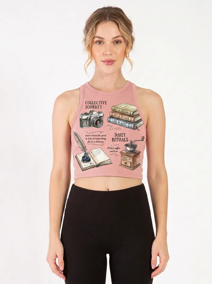 Women's Vintage Books Camera Coffee Graphic Ribbed Crop Tank Top