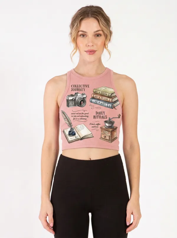 Women's Vintage Books Camera Coffee Graphic Ribbed Crop Tank Top