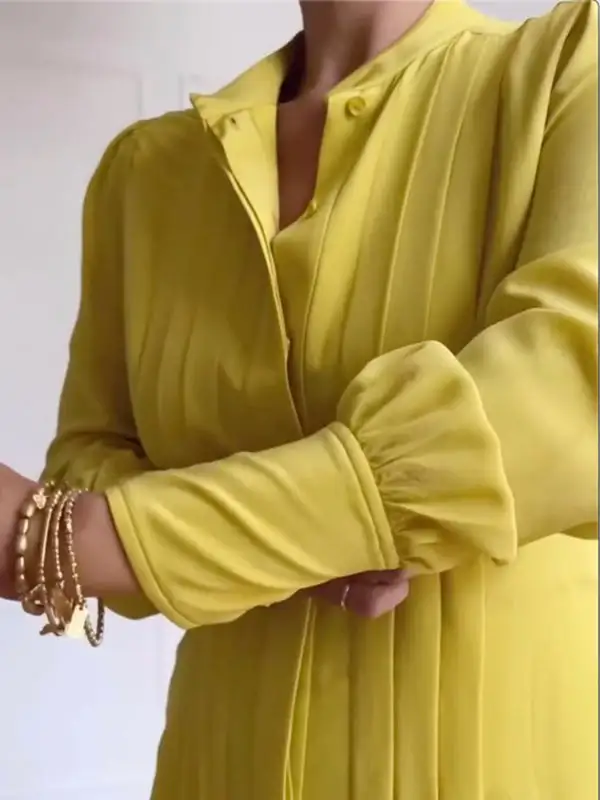 Pleated Buttoned Long Neck Maxi Dress