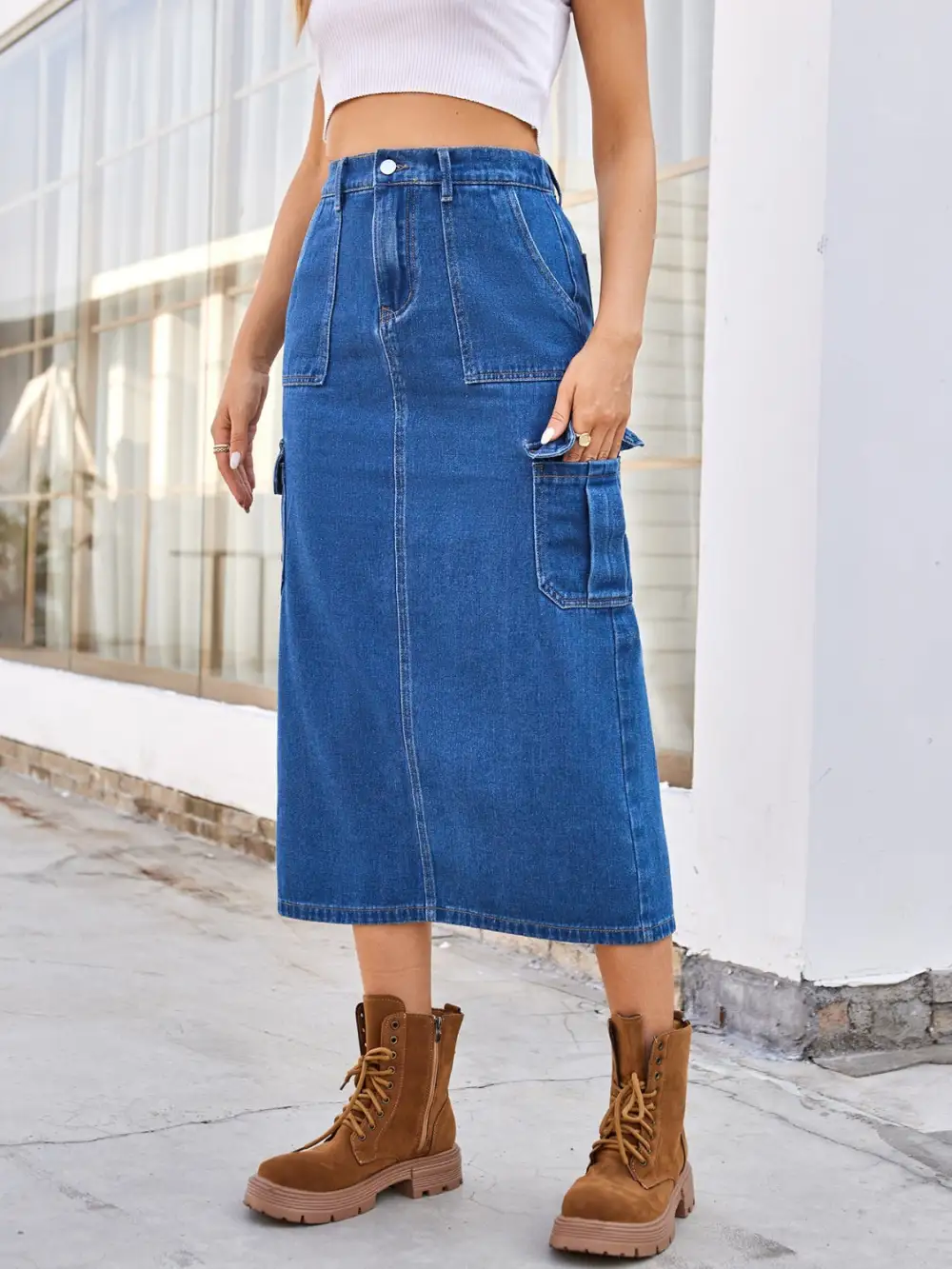 Slit Midi Denim Pockets Skirt