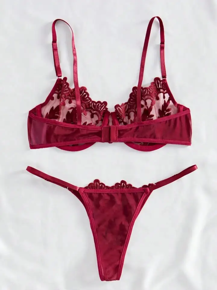 Embroidered Mesh Sheer Lingerie Set