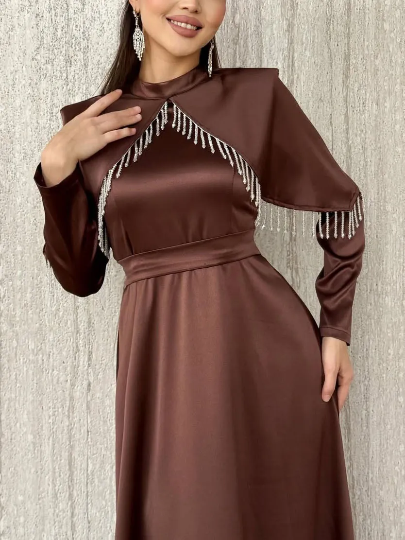 Satin Cape Detail Sleeve Maxi Dress