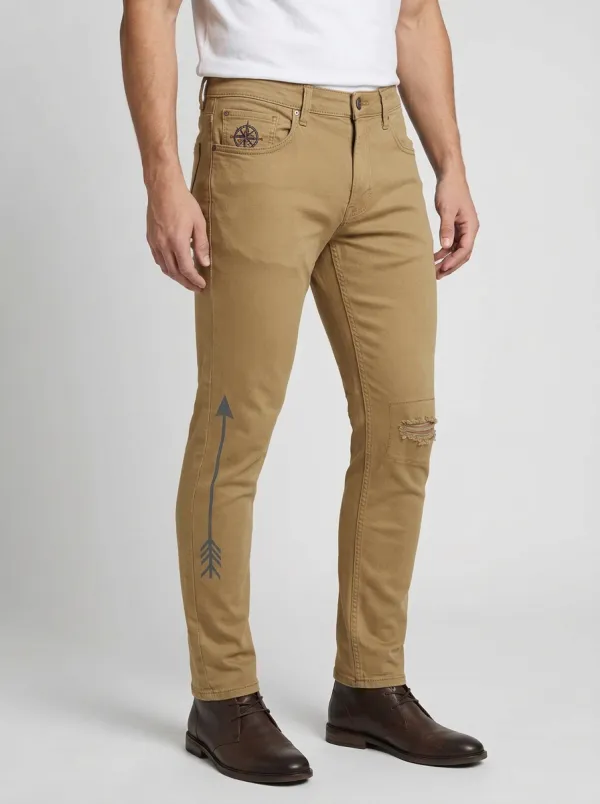 Men's Compass Arrow Distressed Printed Slim-Fit Jeans