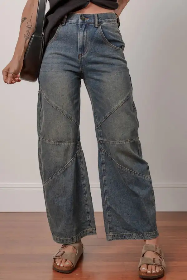 High-Waist Washed Stretch Straight Leg Jeans