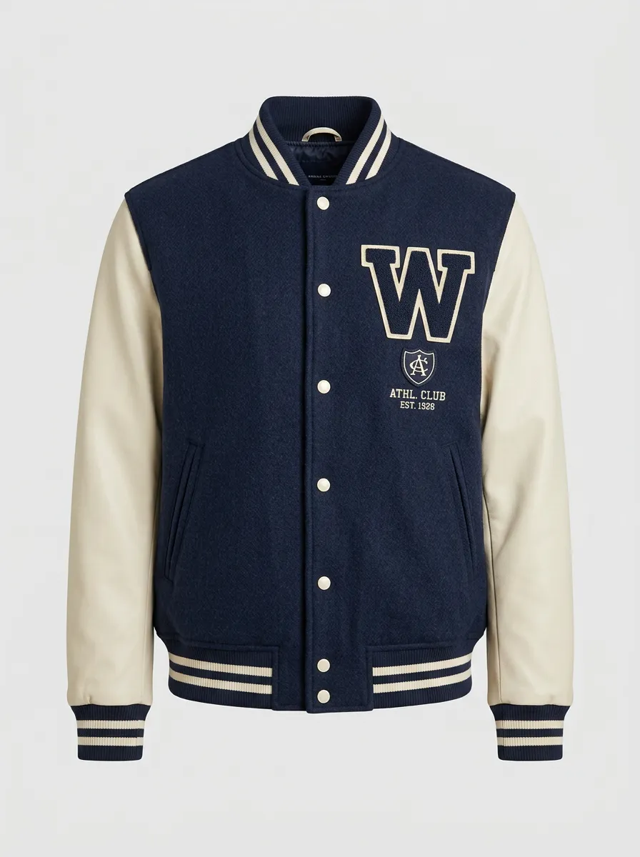Men's Athletic Club Letter W Wool Baseball Jacket