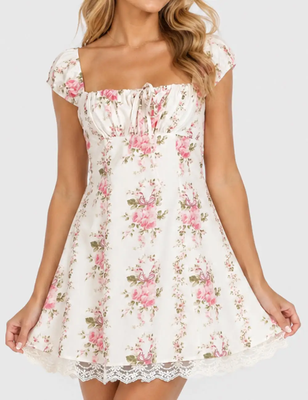 Lace Trim Cap Sleeves Mini Dress