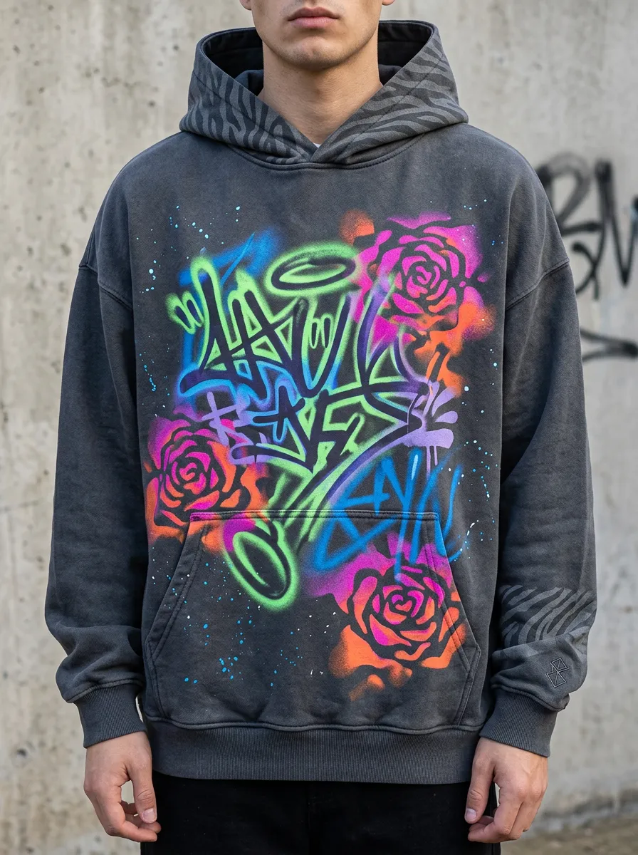 Unisex Streetwear Graffiti Rose Neon Airbrush Graphic Hoodie