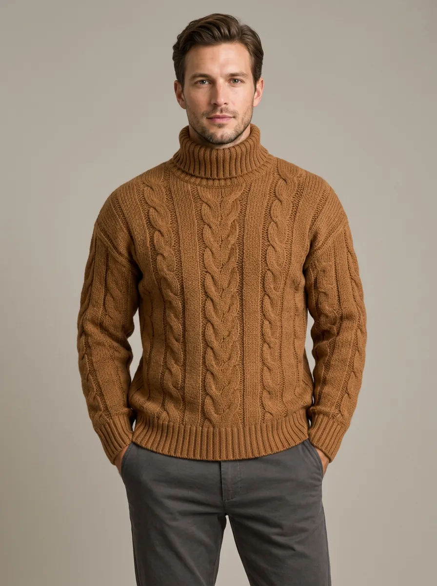 Men's Fine Detail Cable Knit Turtleneck Sweater