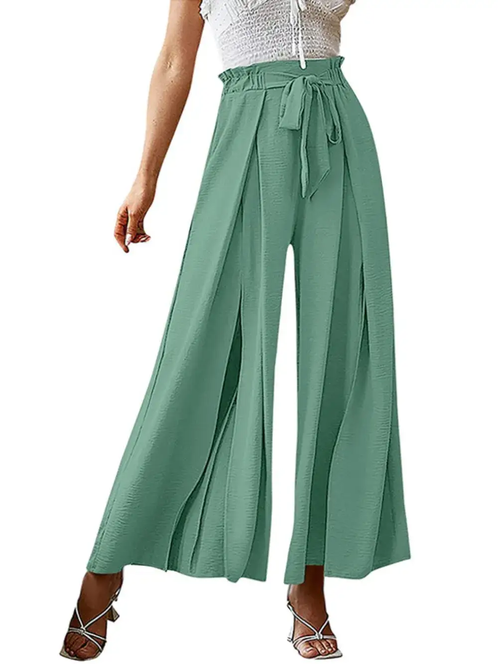 Wide Leg Tie Waist Slit Detail Casual Pants