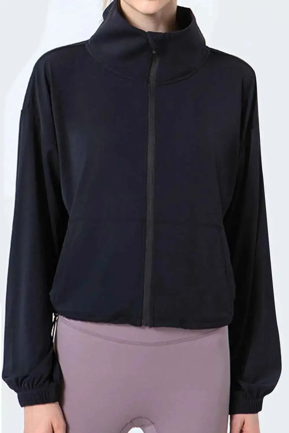Drawstring Zip-Up Dropped Shoulder Active Outerwear
