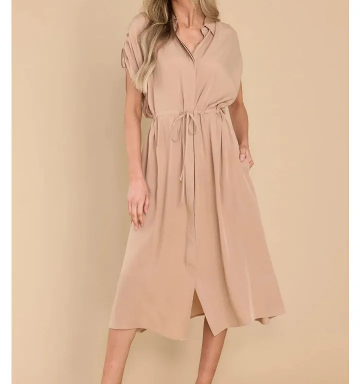 Drawstring Collared Neck Short Sleeve Midi Dress