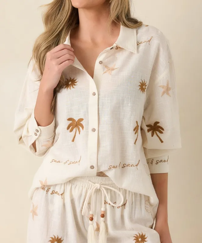 Light Beige Coastal Embroidered Button-Down Top