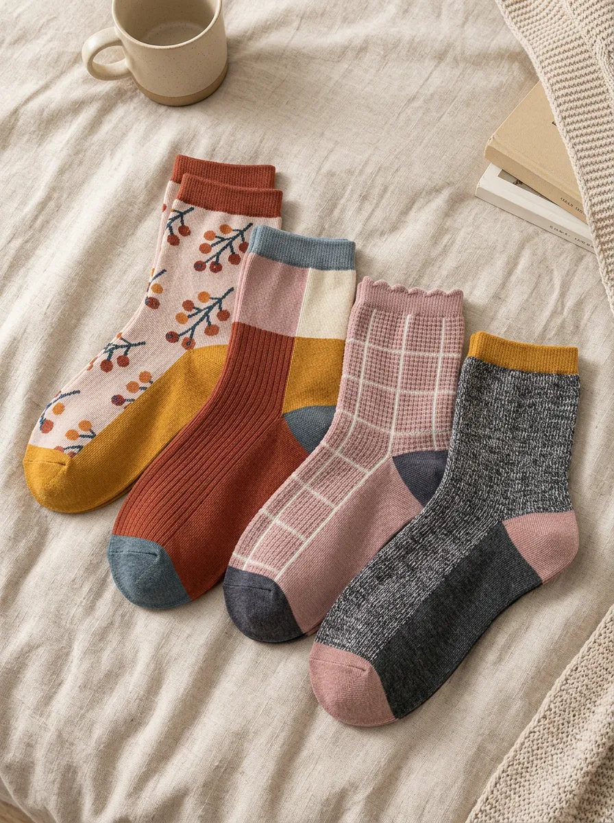 Women's Autumn Aesthetic Berry Plaid Colorblock Printed Socks