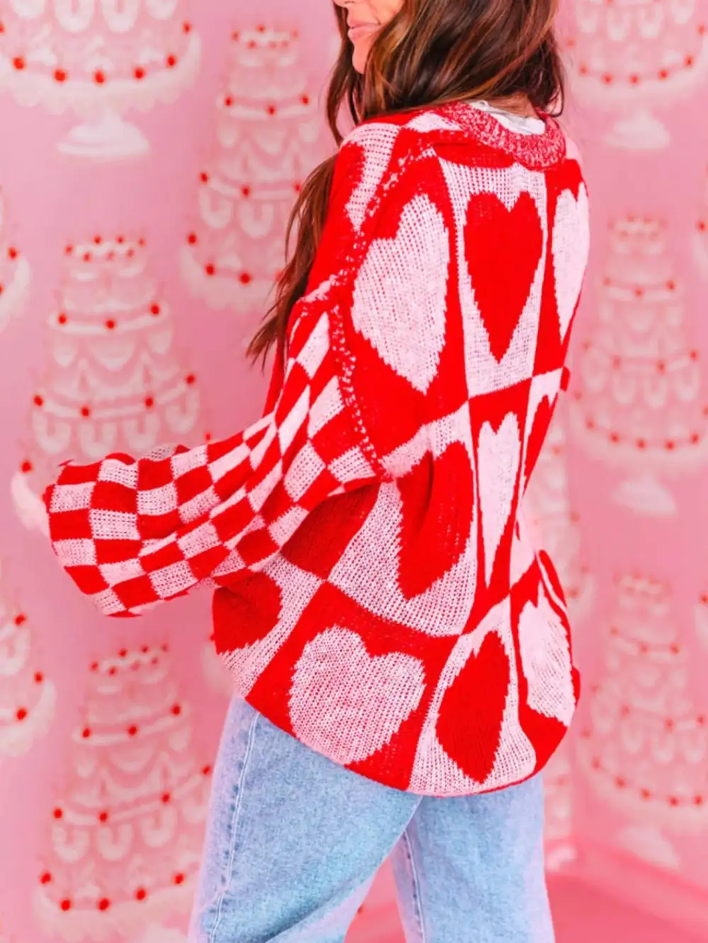 Textured Heart Pattern Checkerboard Knit Sweater