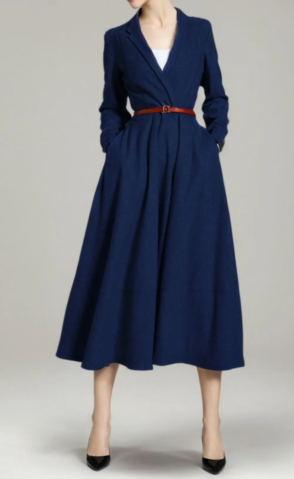 Wool Blend V Neck Long Sleeve Midi Dress